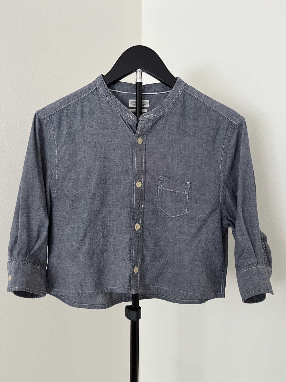 🇬🇧 AllSaints Cropped Band-Collar Chambray Top | London Cool | Small - Picture 1 of 11